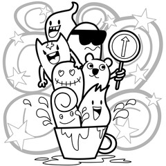 Doodles Monsters with coffee cup