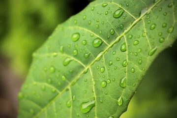 ฺBeautiful drops of transparent rain water on a green leaf macro. Drops of dew in the morning glow in the sun. Beautiful leaf texture in nature. concept emphasizes the feeling of freshness.