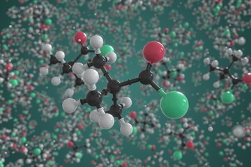 Pivaloyl chloride molecule, scientific molecular model, 3d rendering