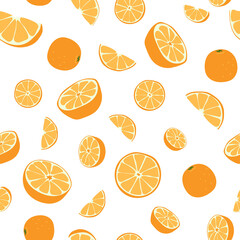 Seamless pattern from fresh whole, halves oranges. Citrus vitamin juicy fruits. Bright, colorful flat vector illustration for textiles, clothes, wrapping and wall paper isolated on white background