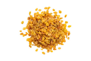 Pile of yellow raisins isolated on white background