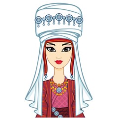 Asian beauty. Animation portrait of a beautiful girl in ancient national turban. Married woman's headdress. Central Asia. Vector illustration isolated. White background. Print, poster, t-shirt, card.