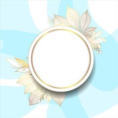 Gold frame. 3D paper cutout. Leaves and flowers from golden threads. Original frame with summer flowers in vintage style on a blue background. Vector illustration. Place for an inscription.