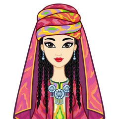 Asian beauty. Animation portrait of a beautiful girl in ancient national cap and jewelry. Central Asia. Vector illustration isolated on a white background. Print, poster, t-shirt, card