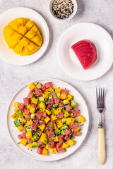 Tuna mango avocado salad tartare.