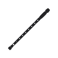 Black filled piccolo. Musical woodwind instrument icon. Recorder flute isolated on transparent background.