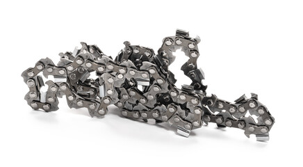 chainsaw chain isolated on white background, flat lay chain links.