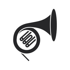 Black filled French horn. Musical brass instrument icon. Tuba isolated on transparent background.