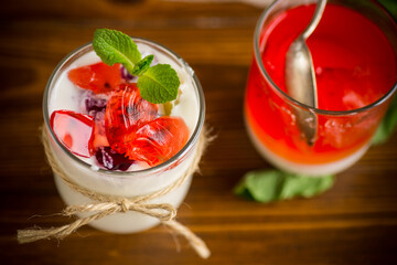 homemade sweet yogurt with fruit jelly pieces
