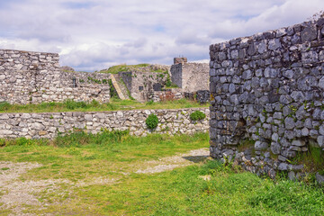 Ancient fortifications. Albania, Shkoder city. Ruined walls of old fortress of Rozafa