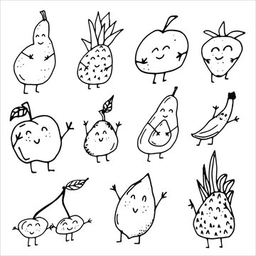 Doodle style fruits and berries, dancing fruits, dancing berries, pineapple, apple, peach, avocado, strawberry, banana, cherry. Summer fruit with a face