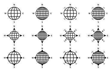 Flat linear design of navigation compass. Globe or globe with meridians and directions of the cardinal points. Vector elements