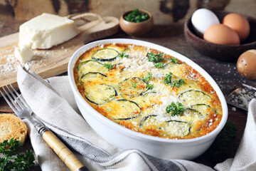 French cuisine. Vegetable zucchini clafoutis with Parmesan  cheese - 433251334