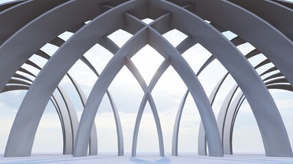 Futuristic architecture background arched columns in interior 3d render