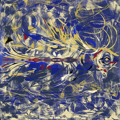 Digital painting, blue and yellow fish, abstract