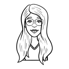 woman with glasses. comic avatar, monochrome, outline.