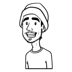 young man with three-day beard and winter hat. outline, comic, avatar, monochrome.