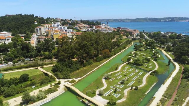 Aerial drone view over the Nautical Activities Track, in Oeiras, Portugal