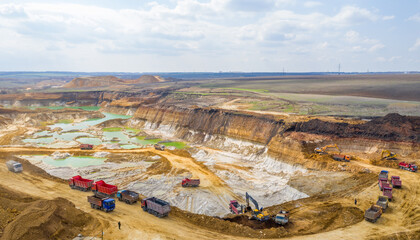 Quarry, mining and construction, excavators and trucks, view from above