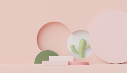 3d render of Abstract minimal  display podium for showing products, cosmetic presentation and mock up with Cactus trees. Showcase scene with pastel earth tone and tropical environment background.