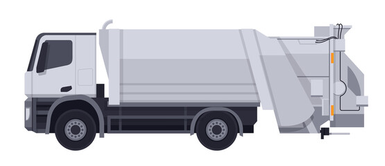 White garbage truck in side view