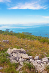Fototapeta na wymiar National Park Lake Skadar. Montenegro. Coast of Skadar lake with small islets, beautiful summer landscape