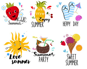 Summer set with holiday elements and calligraphy quotes- sun, pineapple, coconut, ice cream, strawberry