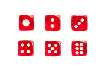 red dice with different numbers on white isolated background