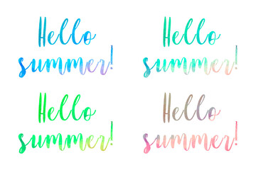 Hello summer lettering watercolor, hand drawing. Watercolor letters background, isolated, white background. Vector illustration