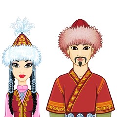 Animation  portrait of  Asian family in a national hat and clothes. Central Asia. Vector illustration isolated on a white background.