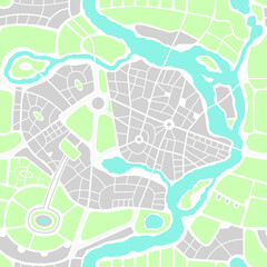 Obraz premium Seamless pattern in the form of abstract city map. Vector repeating flat illustration with a city road plan. Decorative map with town streets, green parks and a blue river. Color schematic background