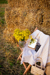 Picnic in the field near straw bales. The setting sun. Rustic style - wood chair, plaid, bouquet of flowers, mirror, hat, camera. Romantic date.