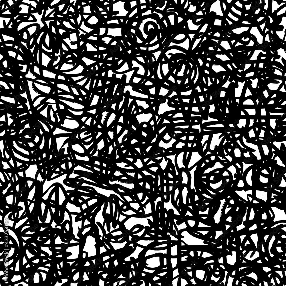 Poster seamless pattern with abstract doodles. chaotic intersecting lines drawn with a black marker on a li