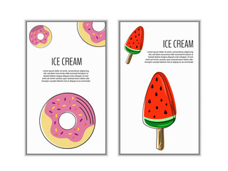 Set candy, ice cream flyers, banners. Collection of pages for kids menu,cafe,posters. Donuts, lollipop shop cards, cafeteria advertise. © Katisko