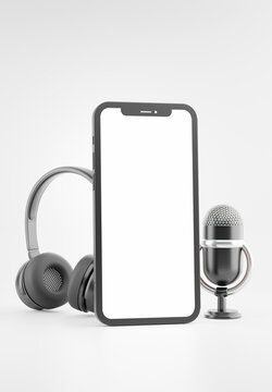 3d render of smartphone microphone headset with padcast concept for your mockup