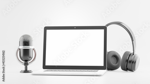 Download 3d Render Of Laptop Microphone Headset With Padcast Concept For Your Mockup Wall Mural Kwstudio