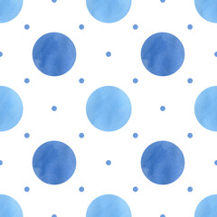 Seamless watercolor pattern in polka dots style. Abstract background with blue circles and backdrops for wrapping paper and decor