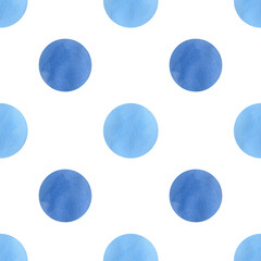 Seamless geometric pattern in polka dots. Watercolor abstract background with blue circles