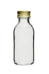 A glass medicine bottle, sealed with a metal stopper. On a white background