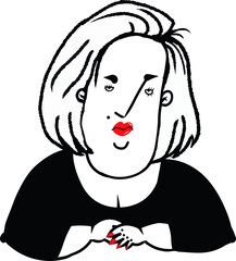 illustration caricature of funny middle aged blond woman with red lips isolated
