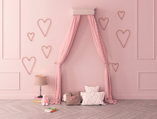 mock up wall in children bedroom, classic style interior background, 3D render, 3D illustration