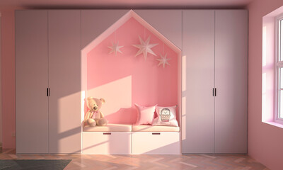 Pink kids bedroom interior design, wall mockup, 3d rendering