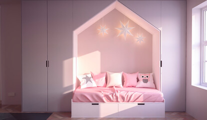 Pink kids bedroom interior design, wall mockup, 3d rendering