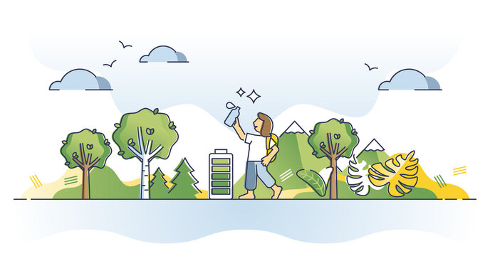 Physical self care lifestyle as body wellness and harmony outline concept. Outdoor energy gain or recharge and power up with hiking in nature vector illustration. Sport activities for good health.