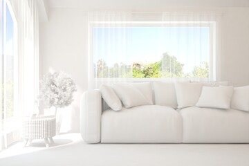 Mock up of stylish room in white color with sofa and green landscape in window. Scandinavian interior design. 3D illustration