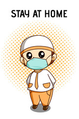 Cute little muslim boy stay at home at ramadan cartoon illustration