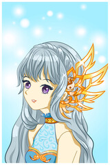 Beautiful and cute queen long blue hair with gold crown design character cartoon illustration