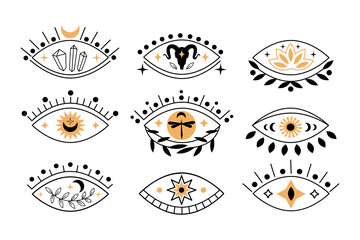 Set of boho mystical eyes icons with sun,  crescent moon, goat, lotus, cristal in trending minimal linear style. Collection vector isoteric illustration. Design for t-shirt prints, posters, tattoo © Nataliia