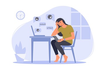 Depressed woman sitting with phone in front of laptop screen  surrounded by message bubbles. Cyber bullying in social networks and online abuse concept. Vector flat cartoon illustration