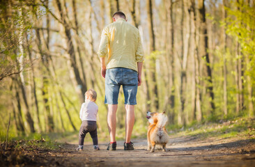 Father and a baby with a dog during a walk in a forest